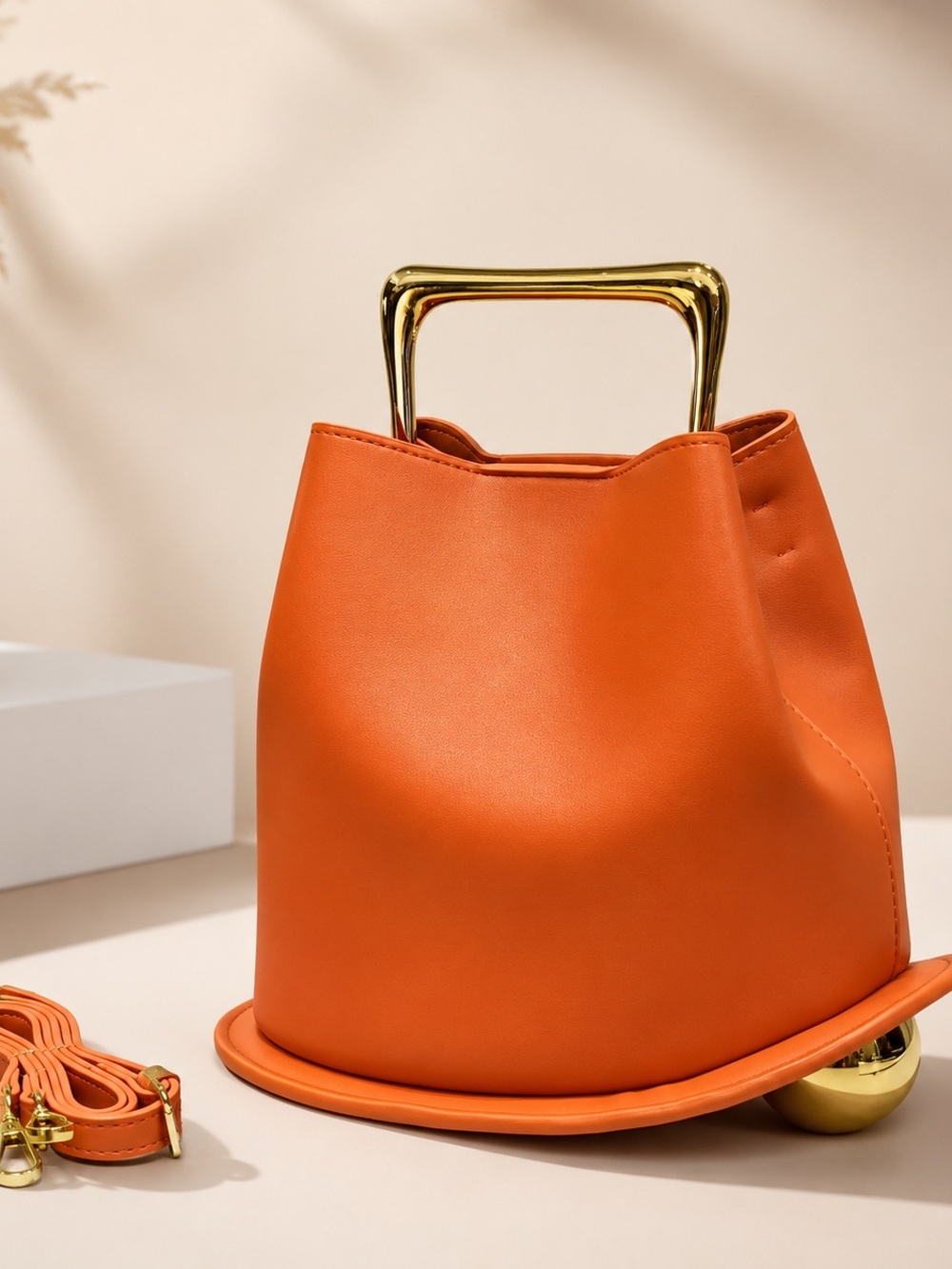 Modern Orange Bucket Shoulder Bag with Gold Handle